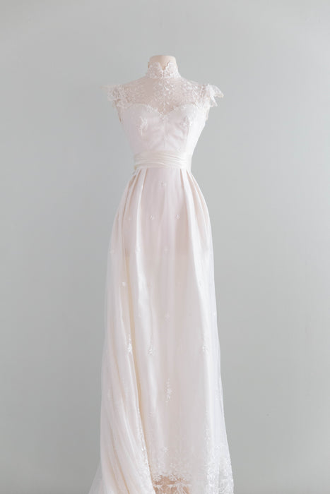 Enchanting 1970's Embroidered Net Wedding Gown By Bianchi / S