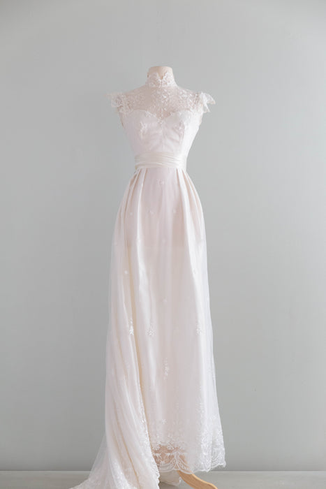 Enchanting 1970's Embroidered Net Wedding Gown By Bianchi / S