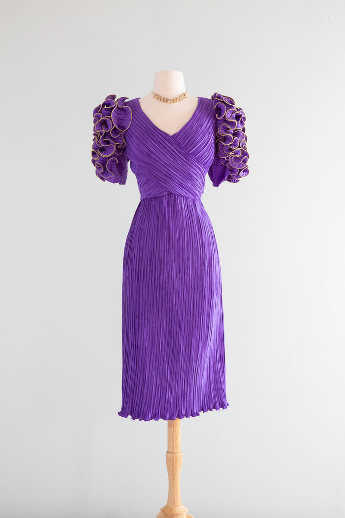 Fabulous 1980's Designer Richelene Purple Puff Sleeve Pleated Silk