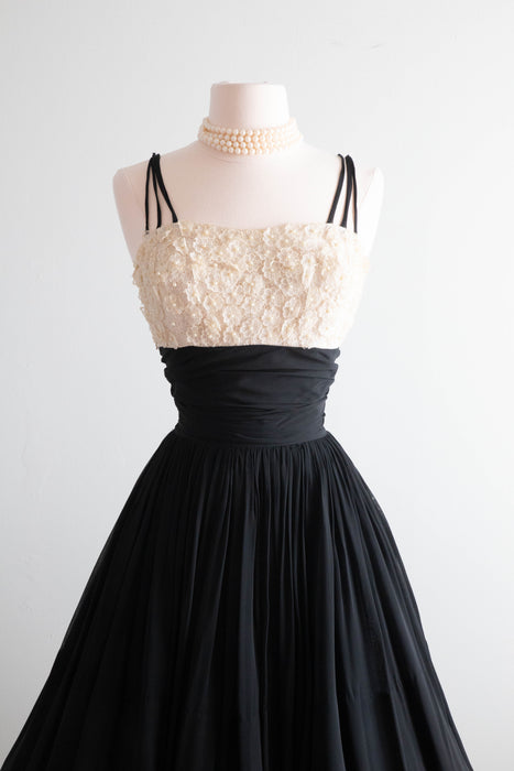 The Sweetest 1950's Black Chiffon Party Dress By Miss Elliette / Small