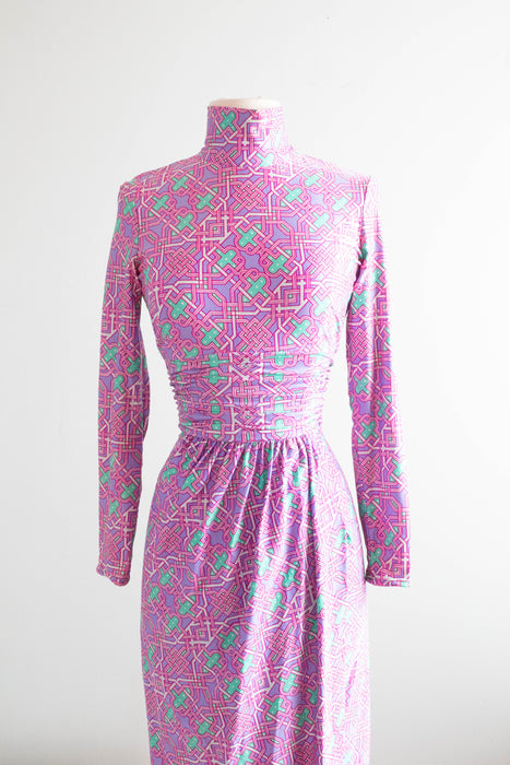 Fabulous 1970's Robert David Morton CANDY COLORED MATRIX Print Maxi Dress / Small