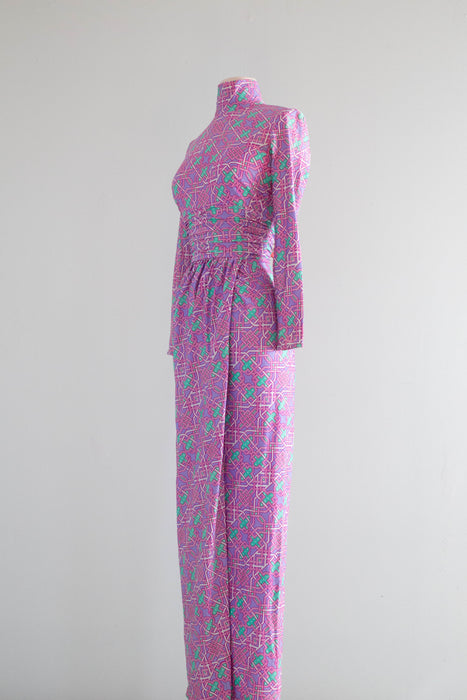 Fabulous 1970's Robert David Morton CANDY COLORED MATRIX Print Maxi Dress / Small