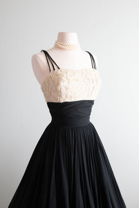 The Sweetest 1950's Black Chiffon Party Dress By Miss Elliette / Small