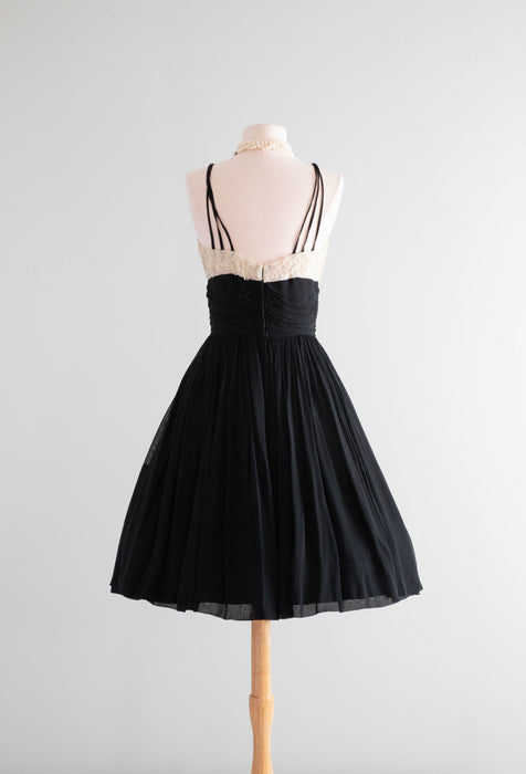 The Sweetest 1950's Black Chiffon Party Dress By Miss Elliette / Small