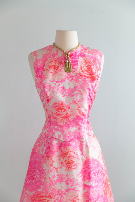 Fabulous 1960's Cherry Blossom Pink Silk Floral Dress From Saks Fifth Ave. / S