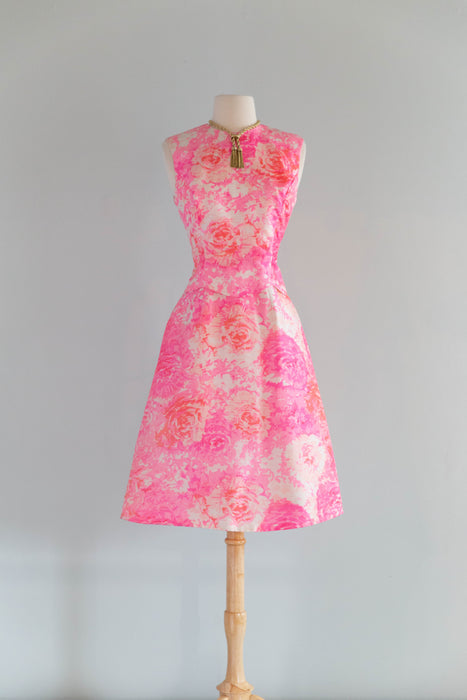 Fabulous 1960's Cherry Blossom Pink Silk Floral Dress From Saks Fifth Ave. / S
