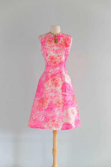 Fabulous 1960's Cherry Blossom Pink Silk Floral Dress From Saks Fifth Ave. / S