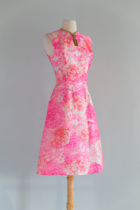 Fabulous 1960's Cherry Blossom Pink Silk Floral Dress From Saks Fifth Ave. / S