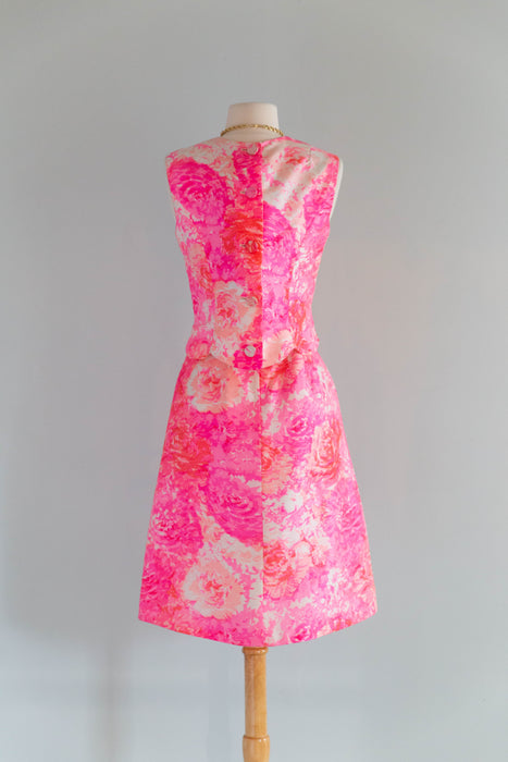 Fabulous 1960's Cherry Blossom Pink Silk Floral Dress From Saks Fifth Ave. / S