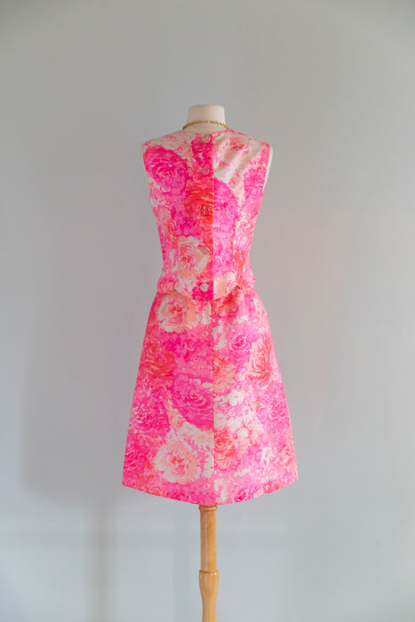 Fabulous 1960's Cherry Blossom Pink Silk Floral Dress From Saks Fifth Ave. / S