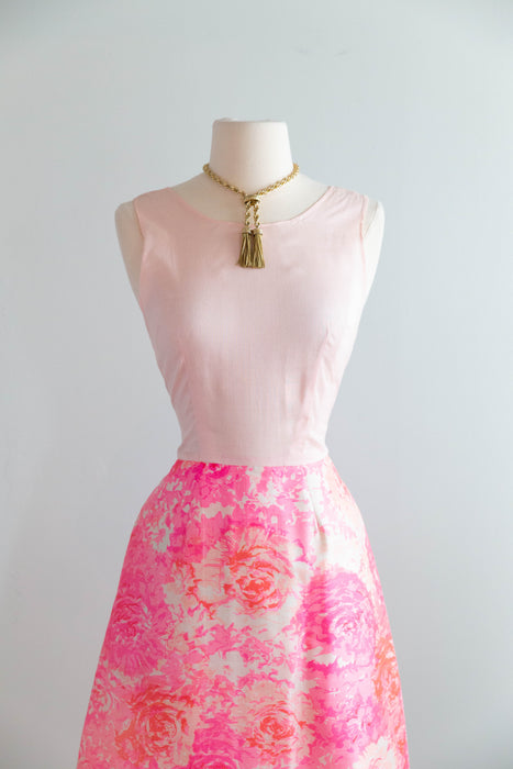 Fabulous 1960's Cherry Blossom Pink Silk Floral Dress From Saks Fifth Ave. / S