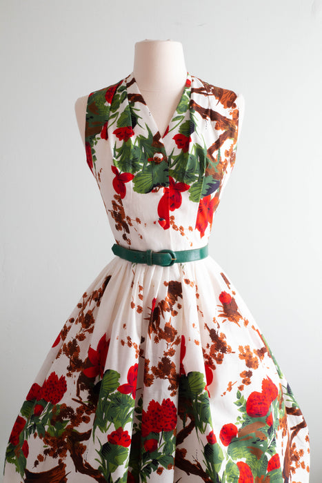 Iconic 1950's Marc-el Fashions of Miami Red Floral Cotton Dress / Small