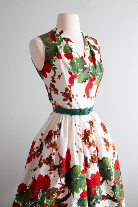 Iconic 1950's Marc-el Fashions of Miami Red Floral Cotton Dress / Small