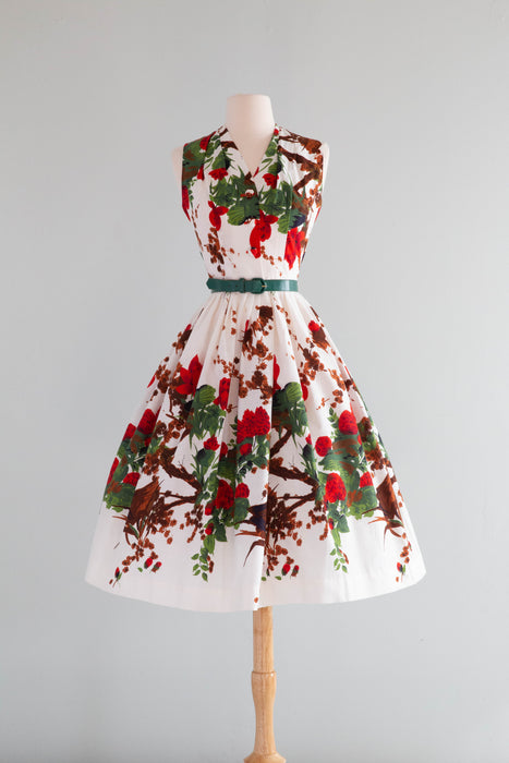 Iconic 1950's Marc-el Fashions of Miami Red Floral Cotton Dress / Small