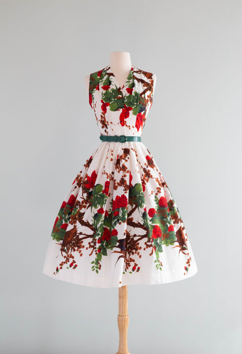 Iconic 1950's Marc-el Fashions of Miami Red Floral Cotton Dress / Small