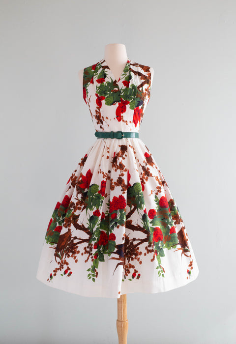 Iconic 1950's Marc-el Fashions of Miami Red Floral Cotton Dress / Small