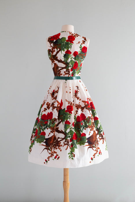 Iconic 1950's Marc-el Fashions of Miami Red Floral Cotton Dress / Small