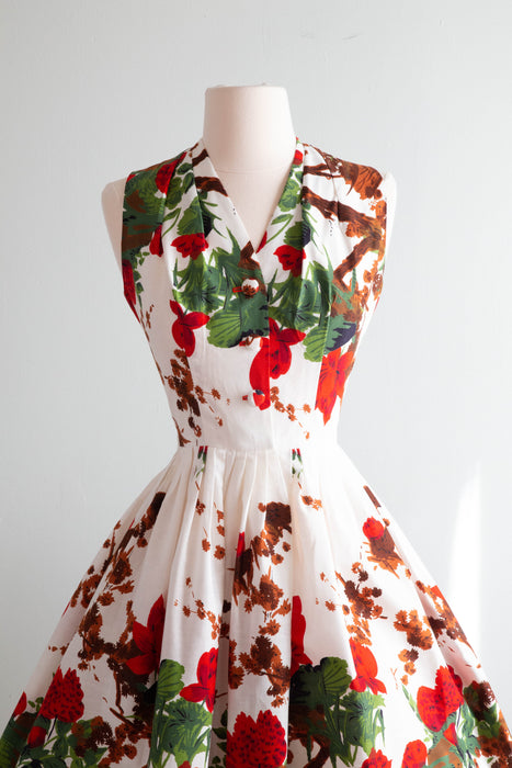 Iconic 1950's Marc-el Fashions of Miami Red Floral Cotton Dress / Small