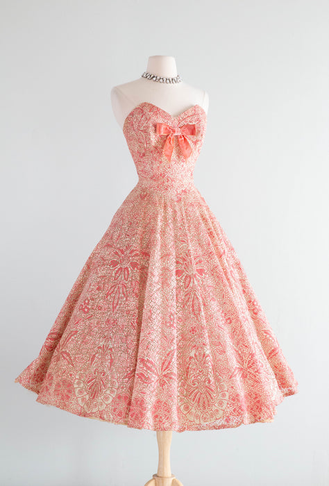 Spectacular 1950's Coral Pink Strapless Lattice Printed Party Dress / Xtabay Vintage Spectacular 1950's Coral Pink Strapless Lattice Printed Party Dress / Xtabay Vintage