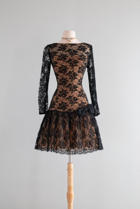 Stunning 1960's Peggy Hunt Illusion Lace Cocktail Dress / Medium