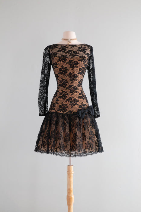 Stunning 1960's Peggy Hunt Illusion Lace Cocktail Dress / Medium