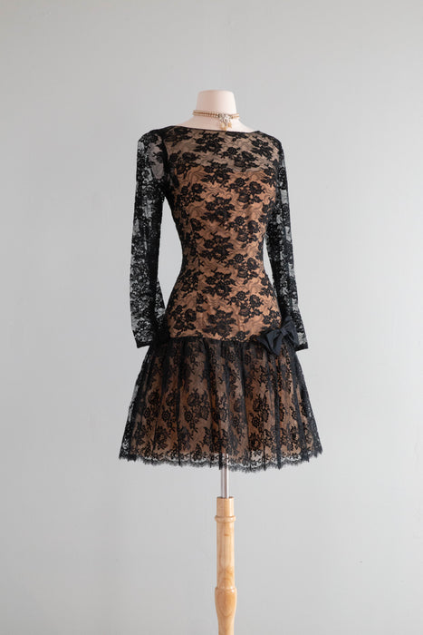 Stunning 1960's Peggy Hunt Illusion Lace Cocktail Dress / Medium