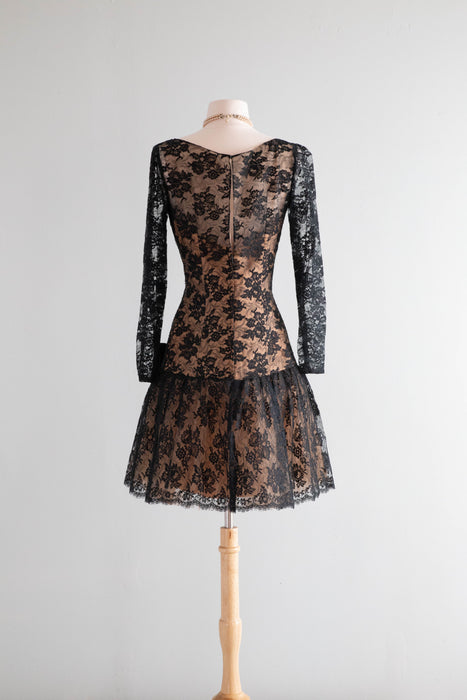 Stunning 1960's Peggy Hunt Illusion Lace Cocktail Dress / Medium