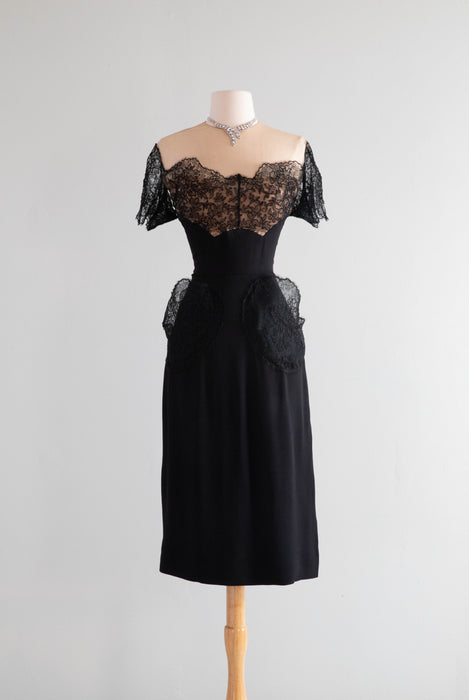 Late 1940's Milgrim Femme Fatale Illusion Lace Cocktail Dress / Medium Late 1940's Milgrim Femme Fatale Illusion Lace Cocktail Dress / Medium