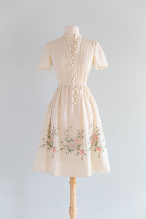 Ethereal 1960's Embroidered Cotton Voile Engagement Party Dress / SM