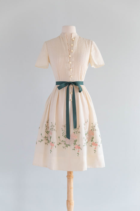 Ethereal 1960's Embroidered Cotton Voile Engagement Party Dress / SM