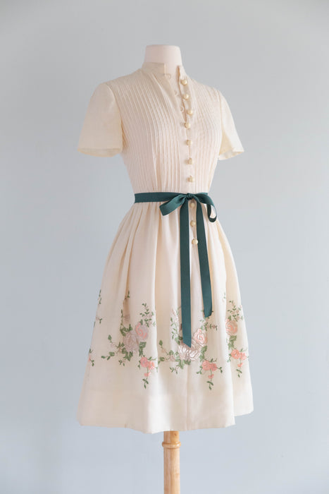 Ethereal 1960's Embroidered Cotton Voile Engagement Party Dress / SM