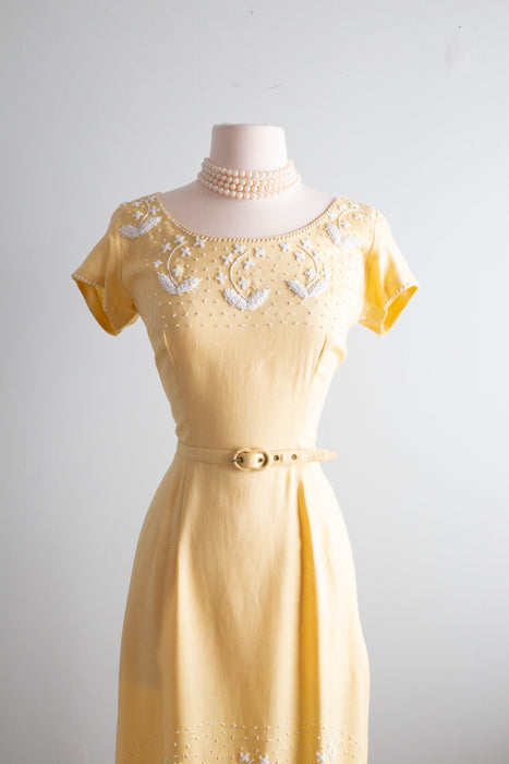 Classic 1950's Moygashel Linen Beaded Buttercup Occasion Dress Medium