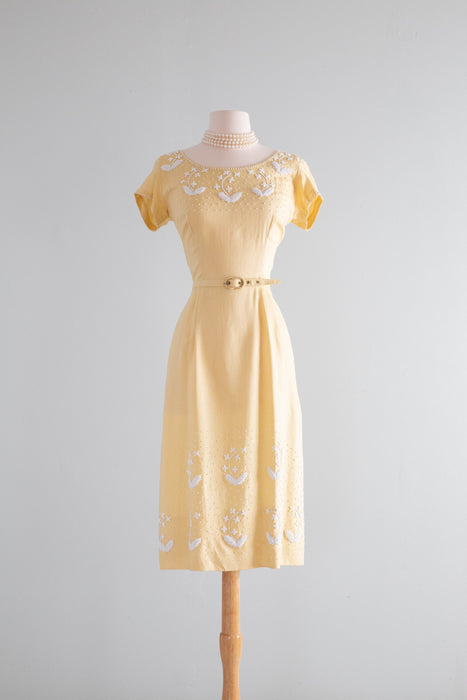 moygashel linen dress Classic 1950's Moygashel Linen Beaded Buttercup Occasion Dress / Mediu Xtabay Vintage