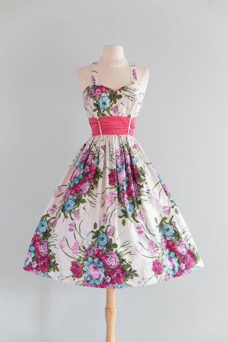 Fabulous 1950's Cotton Floral Print Garden Party Dress By Russel Stuart / S