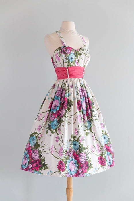 Fabulous 1950's Cotton Floral Print Garden Party Dress By Russel Stuart / S