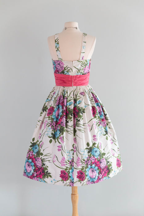 Fabulous 1950's Cotton Floral Print Garden Party Dress By Russel Stuart / S