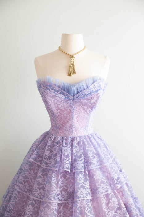 Breathtaking 1950's Tiered Lace Prom Dress In Hydrangea Haze / S