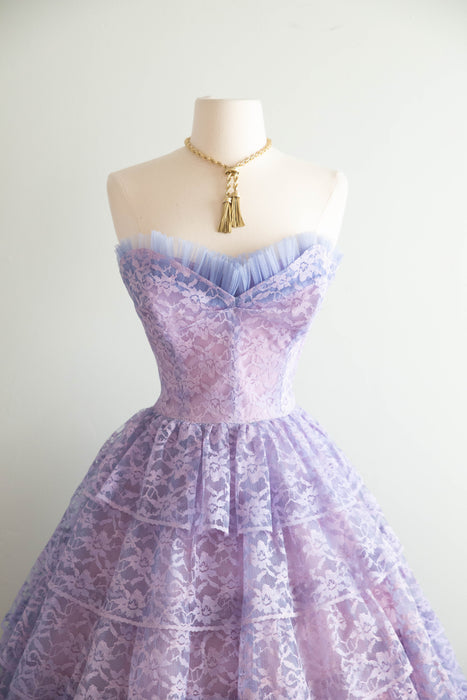Breathtaking 1950's Tiered Lace Prom Dress In Hydrangea Haze / S