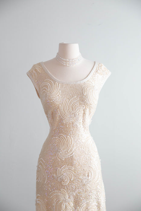 Fabulous 1960's Ivory Beaded Knit Cocktail Dress From Hong Kong / ML