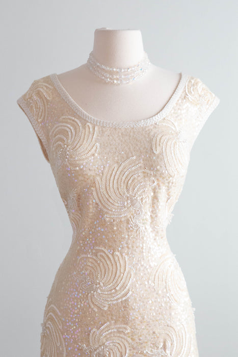 Fabulous 1960's Ivory Beaded Knit Cocktail Dress From Hong Kong / ML