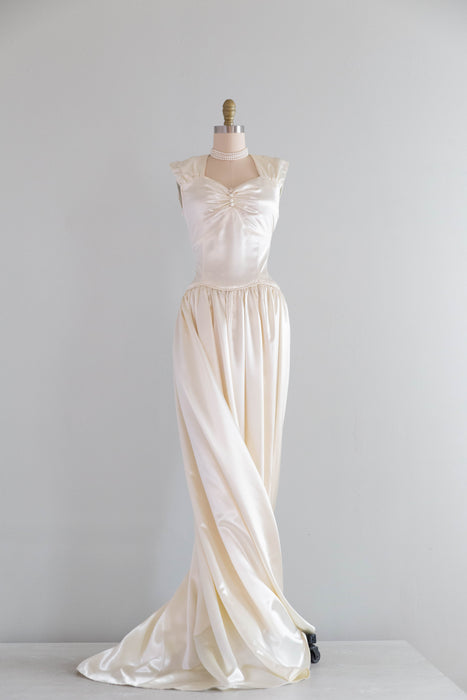 Luminous 1940's Slipper Satin Ivory Wedding Gown With Chapel Train / XS