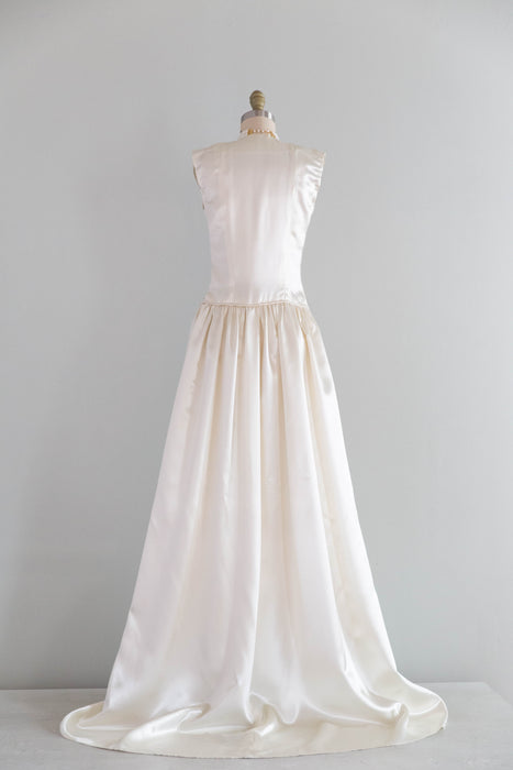 Luminous 1940's Slipper Satin Ivory Wedding Gown With Chapel Train / XS