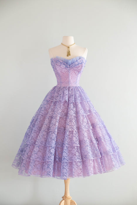 Breathtaking 1950's Tiered Lace Prom Dress In Hydrangea Haze / S