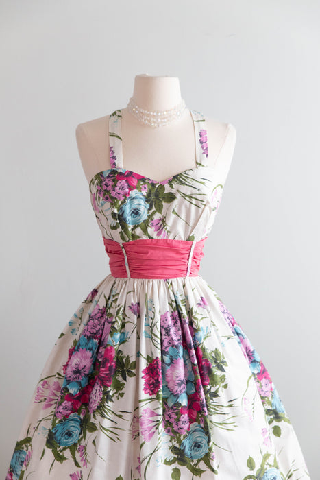 Fabulous 1950's Cotton Floral Print Garden Party Dress By Russel Stuart / S