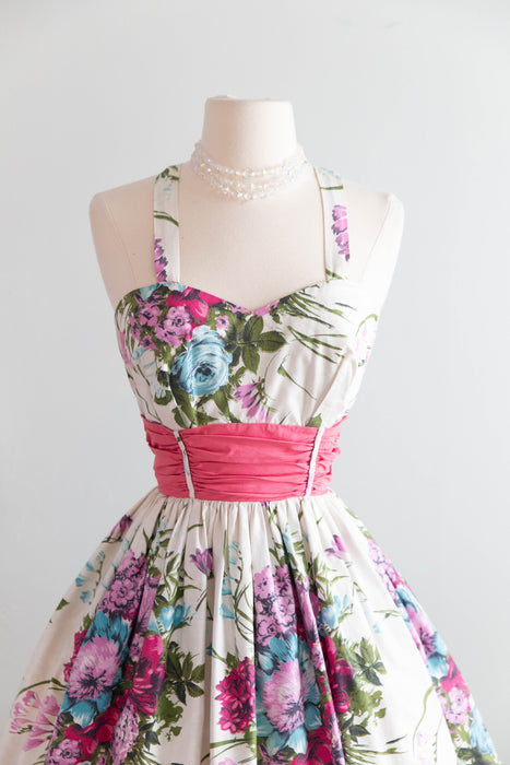 Fabulous 1950's Cotton Floral Print Garden Party Dress By Russel Stuart / S