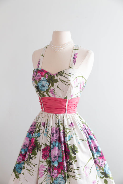 Fabulous 1950's Cotton Floral Print Garden Party Dress By Russel Stuart / S