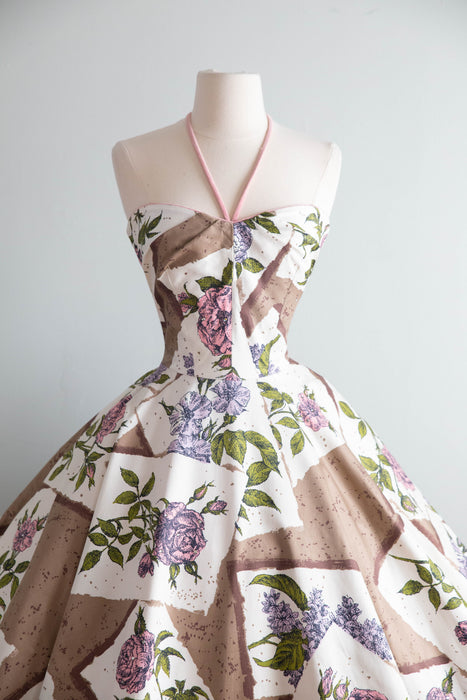 Coveted 1950's Alex Coleman Polished Cotton Botanical Novelty Print Halter Dress / XS