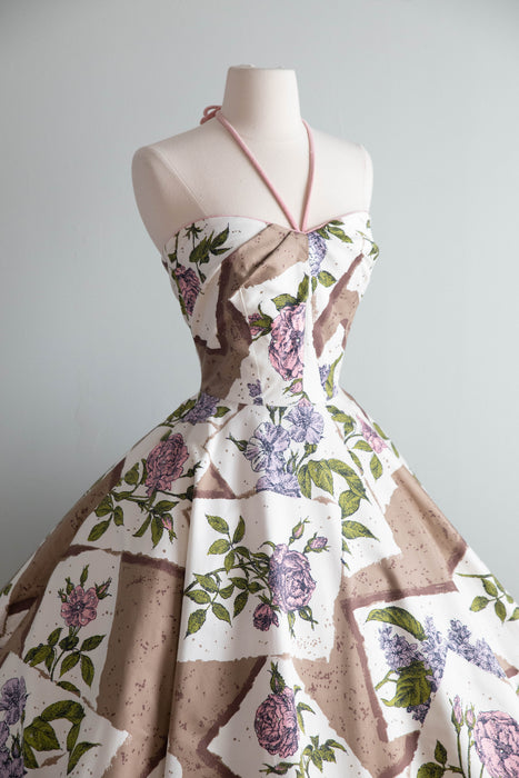 Coveted 1950's Alex Coleman Polished Cotton Botanical Novelty Print Halter Dress / XS