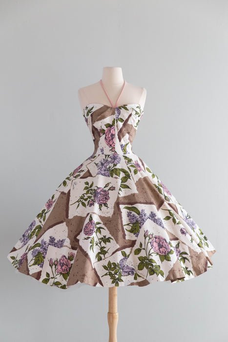 Coveted 1950's Alex Coleman Polished Cotton Botanical Novelty Print Halter Dress / XS