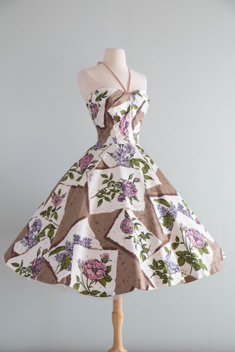 Coveted 1950's Alex Coleman Polished Cotton Botanical Novelty Print Halter Dress / XS